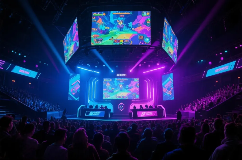 A modern esports tournament arena with neon lights, a large screen showing a generic fantasy video game, and an excited crowd